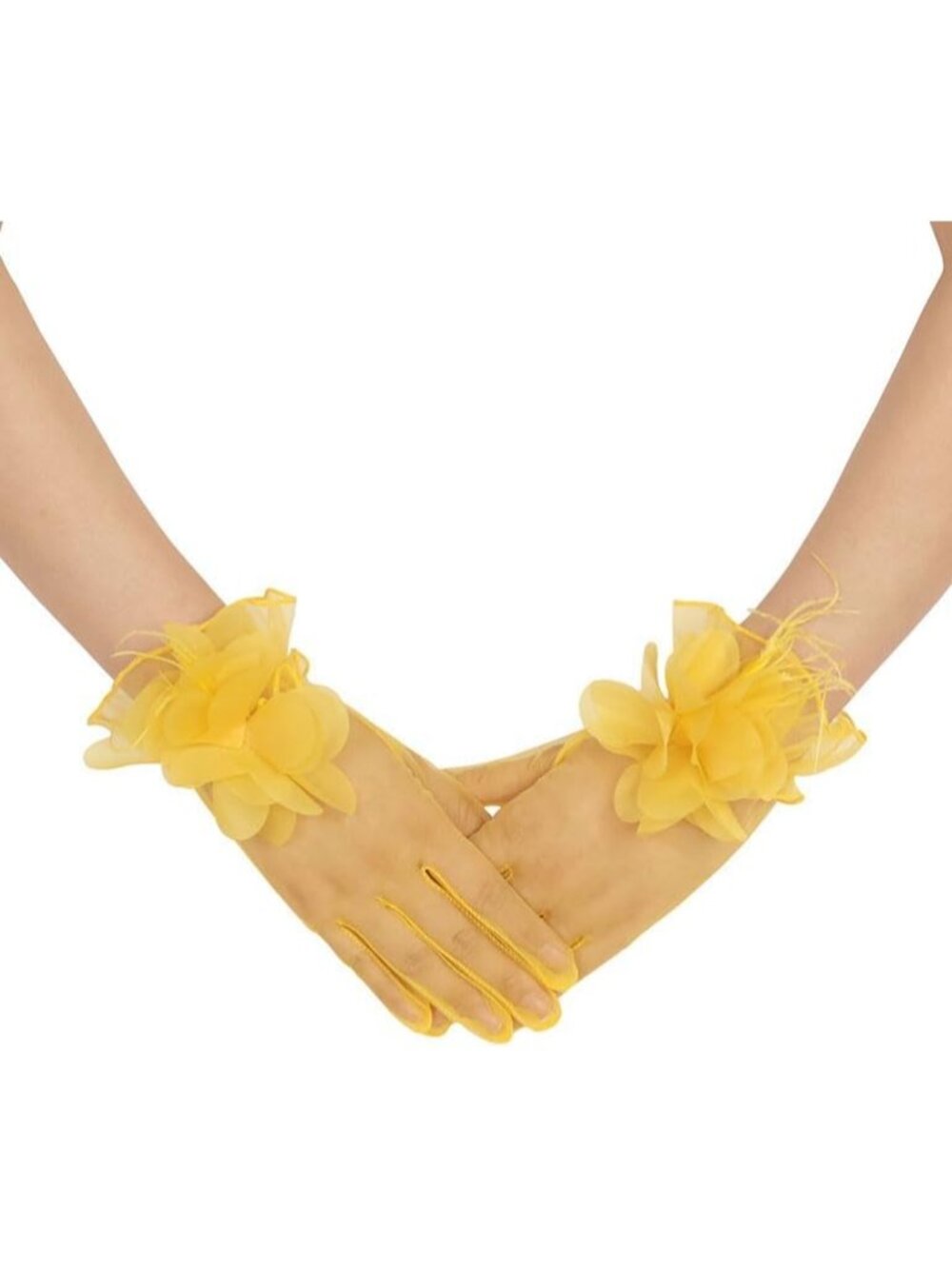 Women's Yellow 100% Nylon Sheer Floral Wedding Tea Party Short Tulle Glove